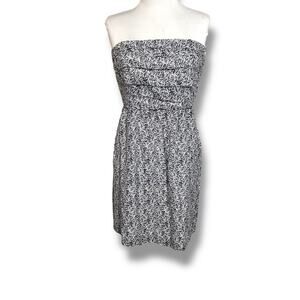 J. Crew blue and White Smocked Strapless ruffle silk Sheath Dress